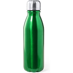 A drink bottle in glossy green with a silver screw-on cap, featuring a logo.