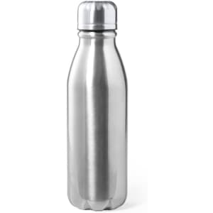 A drink bottle in stainless steel, featuring a sleek design and a rounded cap. It includes a logo on the body.