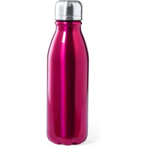 A drink bottle in a shiny pink finish with a silver cap and a metallic design.