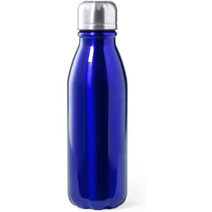 A drink bottle in a shiny blue finish with a silver screw-on lid and a sleek, curved design.