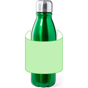 A drink bottle in vibrant green with a silver lid, featuring a circular space for branding.