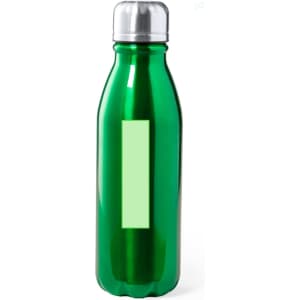 A green drink bottle with a shiny finish and a metal lid. It features a blank area, possibly for customisation.