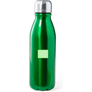 A drink bottle in a vibrant green metal finish with a silver screw-on lid and a blank area for branding.