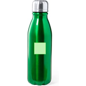 A drink bottle in bright green with a silver cap, featuring a smooth surface and a branding area.