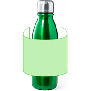 A drink bottle in a vibrant green colour with a silver cap and a placeholder for branding.