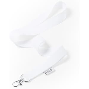 A white antibacterial lanyard with a silver clip, suitable for events and exhibitions. Features a branding tag.