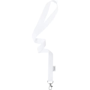A white antibacterial lanyard with a metal clip for securing items, featuring a branding logo.