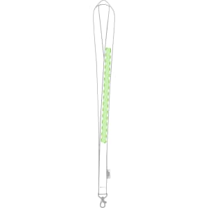 A white antibacterial lanyard featuring a green strip, equipped with a clip. Includes a logo.