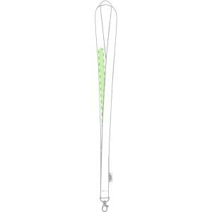 A green antibacterial lanyard with a clip, designed for use at exhibitions and events, featuring branding.