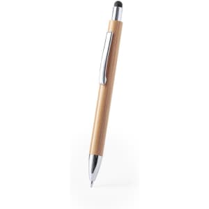 A bamboo stylus touch ball pen with a silver clip and tip. The pen features a sleek design.
