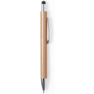 A bamboo stylus touch ball pen with a chrome clip and a black tip. Features a glossy finish and branding.