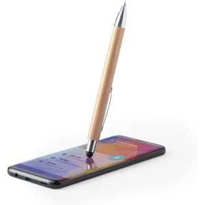 A stylus touch ball pen with a bamboo barrel and chrome accents, positioned above a smartphone screen.