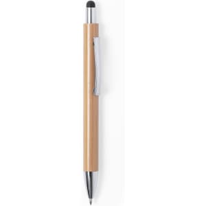A bamboo stylus touch ball pen with a silver clip and black tip, featuring a sleek, minimalist design.