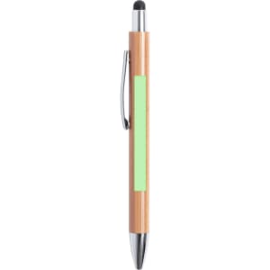 A bamboo stylus touch ball pen with a silver clip and a green accent. It features a black tip for touchscreen use.