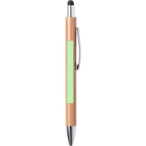 A bamboo stylus touch ball pen with a silver clip and a green accent panel.