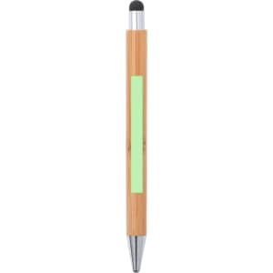 A bamboo stylus touch ball pen with a silver tip and a green accent panel. Features a logo branding.