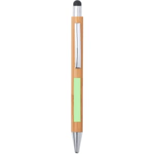 A bamboo stylus touch ball pen with a green accent and chrome details, featuring a clip and a soft tip.
