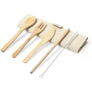 A bamboo cutlery set featuring a spoon, fork, knife, straw, and cleaning brush, presented in a natural fabric roll.