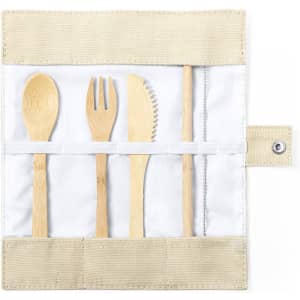 A bamboo cutlery set featuring a spoon, fork, knife, and serrated knife, housed in a beige fabric pouch.