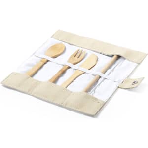 A bamboo cutlery set in beige storage wrap featuring a spoon, fork, knife, and spork with a logo.