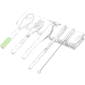 A cutlery set featuring a spoon, fork, knife, and chopsticks in a grey and green roll-up case, with a logo.