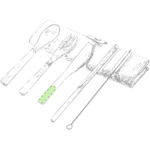 A cutlery set featuring a spoon, fork, knife, and a straw, organised in a roll-up holder. The utensils have a metallic finish.
