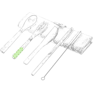 A cutlery set featuring a fork, knife, spoon, and straw, presented in a rolled storage case. Includes branding.