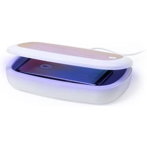 A UV sterilizer box in white with a wooden lid, containing a smartphone inside. It features a branding logo.