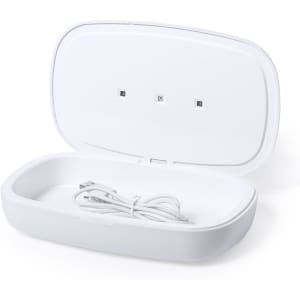 A white sterilizer box with an open lid, revealing an interior space and a USB cable inside.