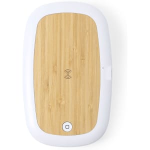 A wireless charger sterilizer box with a bamboo top and white casing, featuring a button and logo.