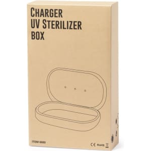 A plain cardboard box with an illustration of a UV sterilizer box and a logo. The box is beige with a simple design.