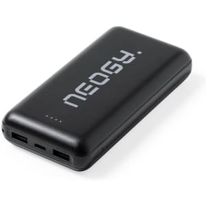 A black power bank with a sleek design, featuring two USB ports and a logo.
