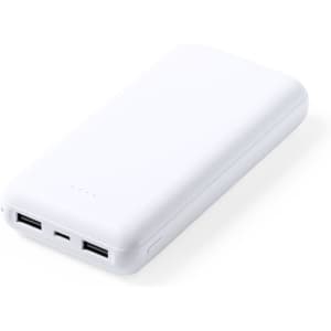 A white power bank with multiple USB ports and indicator lights, featuring a smooth design.
