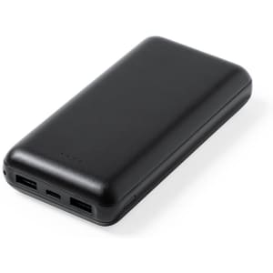 A black power bank with multiple USB ports and a sleek design. It features a subtle logo on the surface.