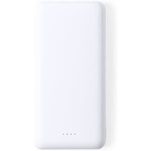 A white power bank with a sleek design and a logo, featuring indicator lights on the front.