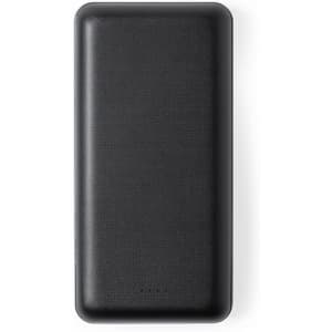 A black power bank with a textured finish and a brand logo. It has indicator lights on one side.