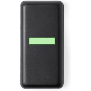 A black power bank with a textured surface and a logo. It has indicator lights at the bottom.