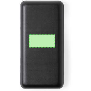 A black power bank with a textured surface and a logo, featuring indicator lights at the bottom.