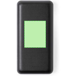 A black power bank with a textured finish and a rectangular area, featuring a logo.