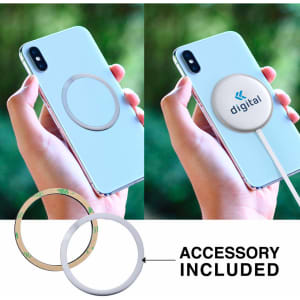 A wireless charger in white, shown beside a phone with a circular charging area, featuring an accessory included.