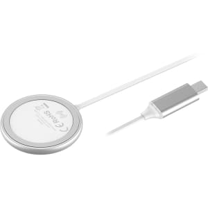 A wireless charger in silver with a round design and a connected USB-C cable. It features a logo on the surface.
