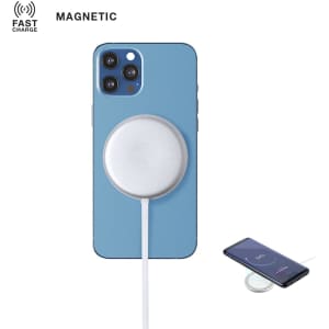 A blue phone with a silver wireless charger attached, featuring a logo and a charging status on a separate phone.
