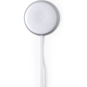 A circular silver wireless charger with a white cable attached, featuring a minimalistic design.