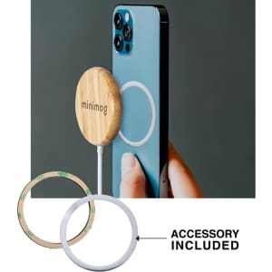 A wireless charger with a bamboo finish, featuring a magnetic attachment and a circular design.