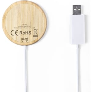 A wireless charger with a bamboo surface and a white USB cable. The charger features a small logo.