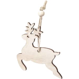 A wooden reindeer decoration with a natural finish and a twine hanger, featuring antlers.