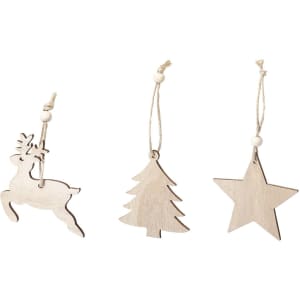 Wooden Christmas decorations in the shape of a reindeer, tree, and star, featuring natural tones and twine hangers.