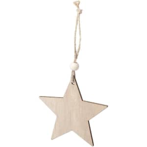 A wooden star decoration in a light colour, featuring a twine loop and a white bead.