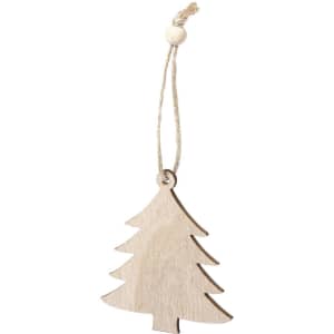 A wooden Christmas tree decoration in natural tone, featuring a jute string for hanging.