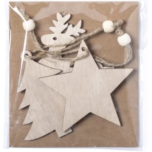A set of wooden Christmas decorations including a reindeer, a tree, and a star, packaged with twine and beads.